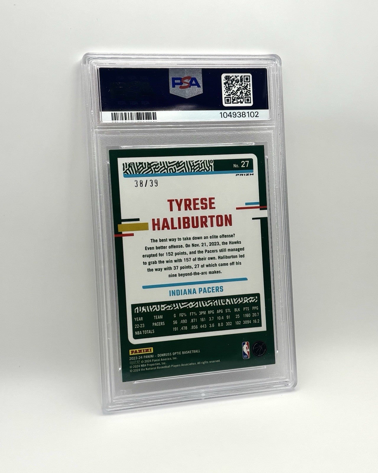 POP1! 2023-24 Donruss Optic #27 - Tyrese Haliburton Black Velocity /39 PSA 10